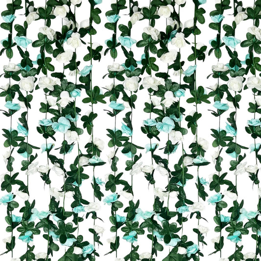 16Pcs 126Ft Teal&White Rose Garland, Fake Rose Hanging Flowers, Artificial Flower Vine, Hanging Floral Vine Garland for Wedding, Birthday Party, Wall Arch, Halloween, Christmas Garden Backdrop Decor
