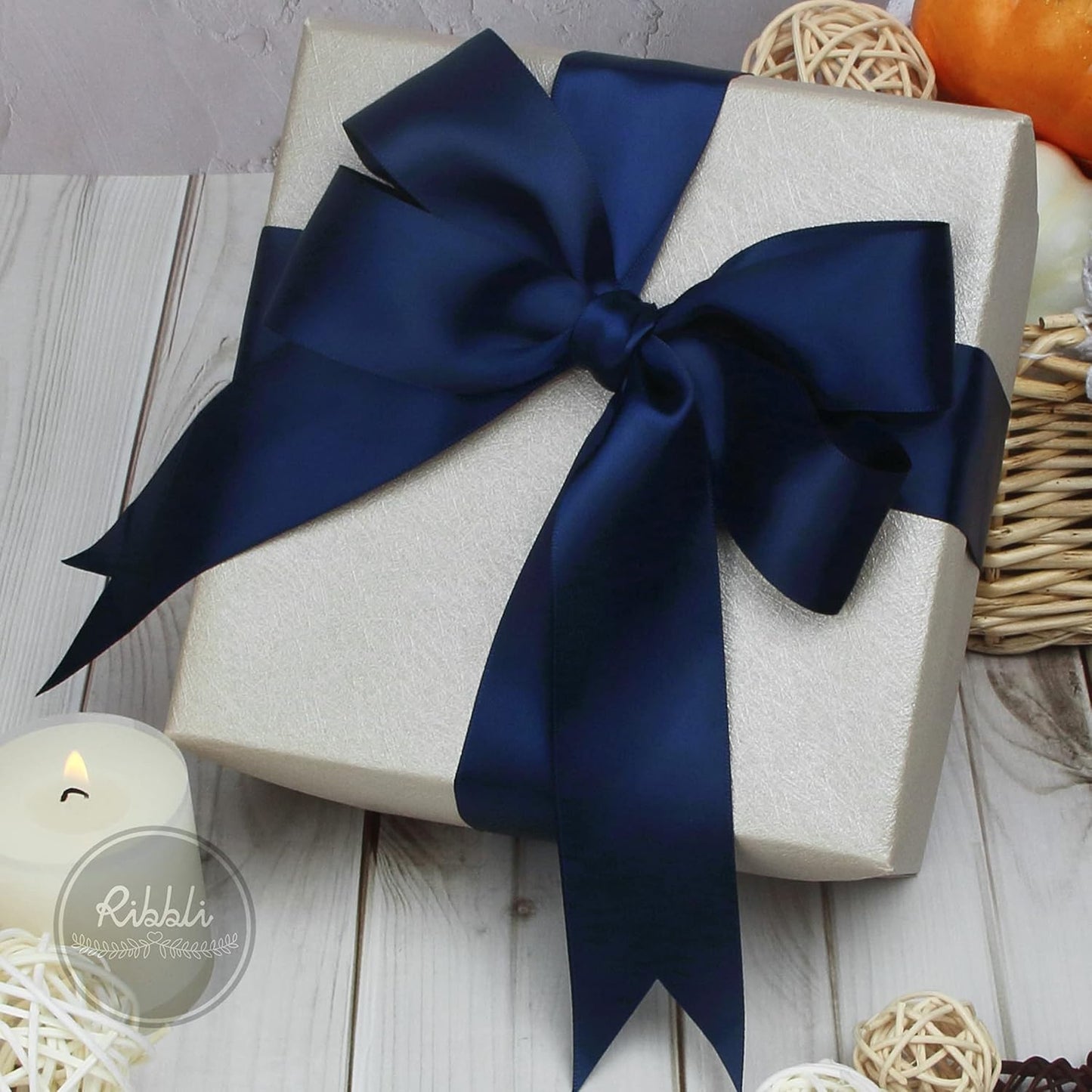 Ribbli Navy Double Faced Satin Ribbon,1-1/2” x Continuous 25 Yards,Use for Bows Bouquet,Gift Wrapping,Wedding,Floral Arrangement