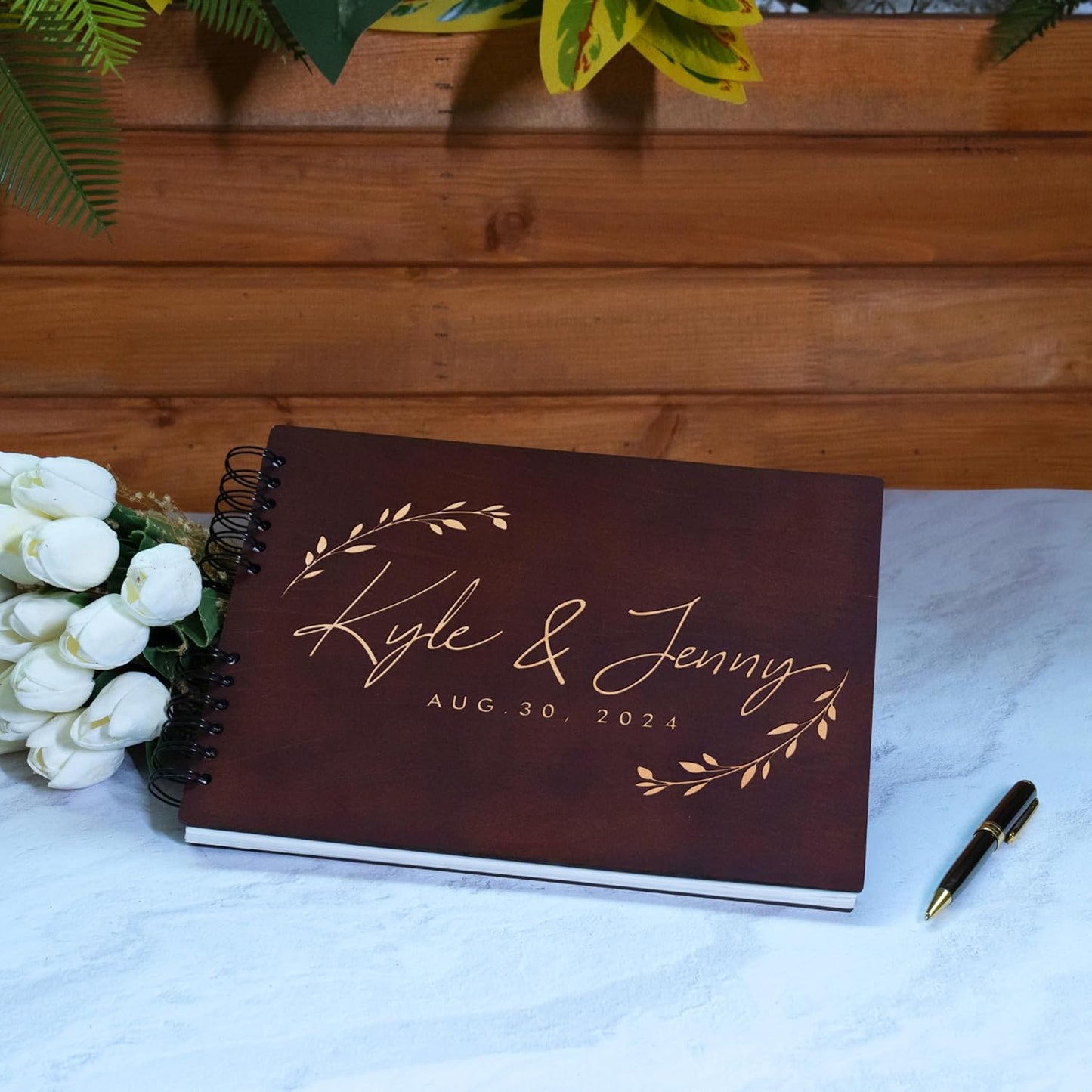 Personalized Wood Wedding Guest Book - 5 Colors/Finishings, 2 Sizes, 12 Designs - Wood Wedding Decorations, Guest Book Signs for Wedding Reception (DESIGN 9)