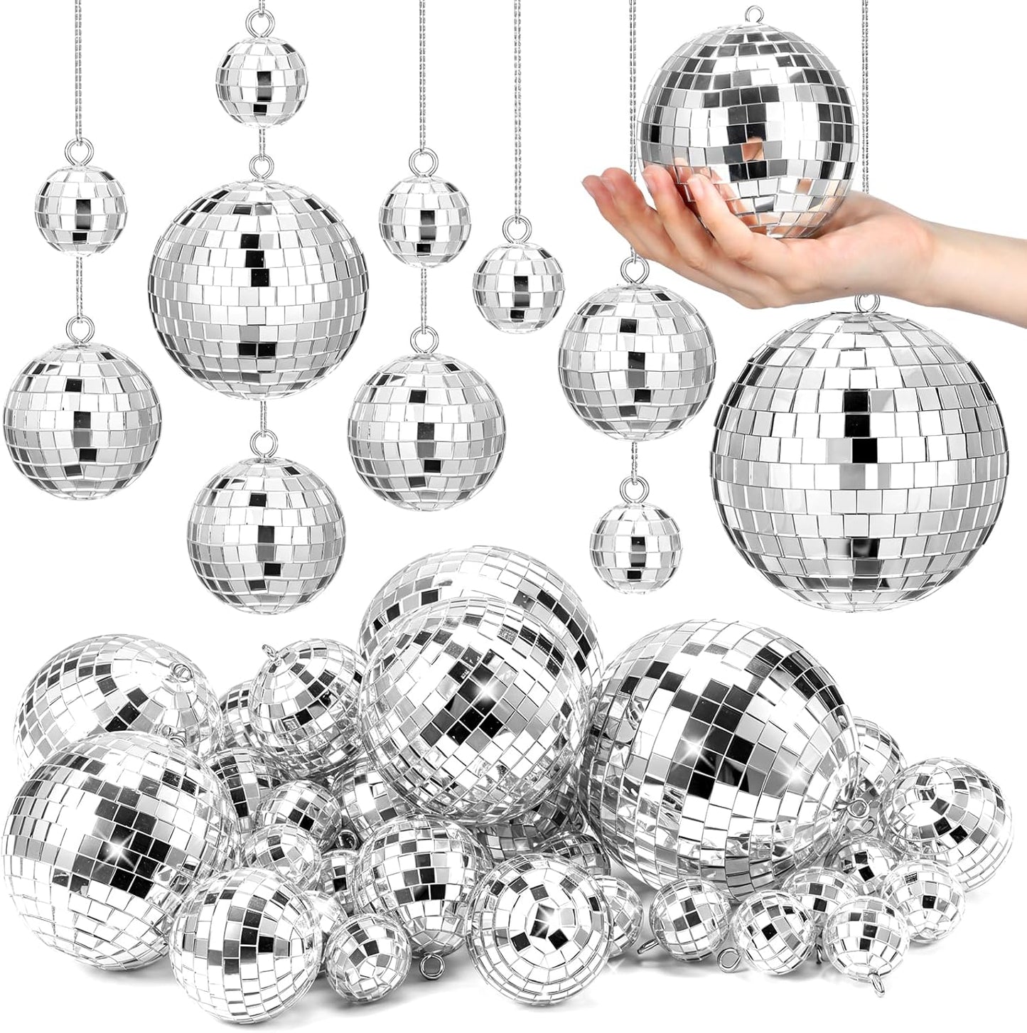 55Pcs Disco Ball Decor Hanging Mirror Disco Ball, 4Sizes Glitter Silver Mini Discos Balls Ornaments with Rope for 70s Discos Themed Birthday Party Supplies Christmas Tree Decors