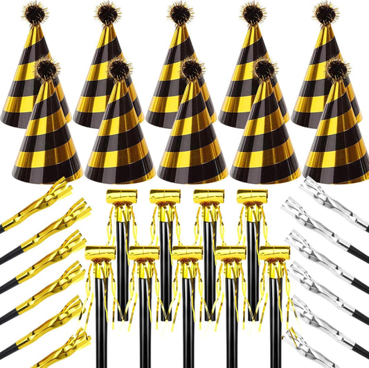 34 Pcs Birthday Party Hats - Gold Cone Hats Including 12 Paper Hats and 22 Noise Makers