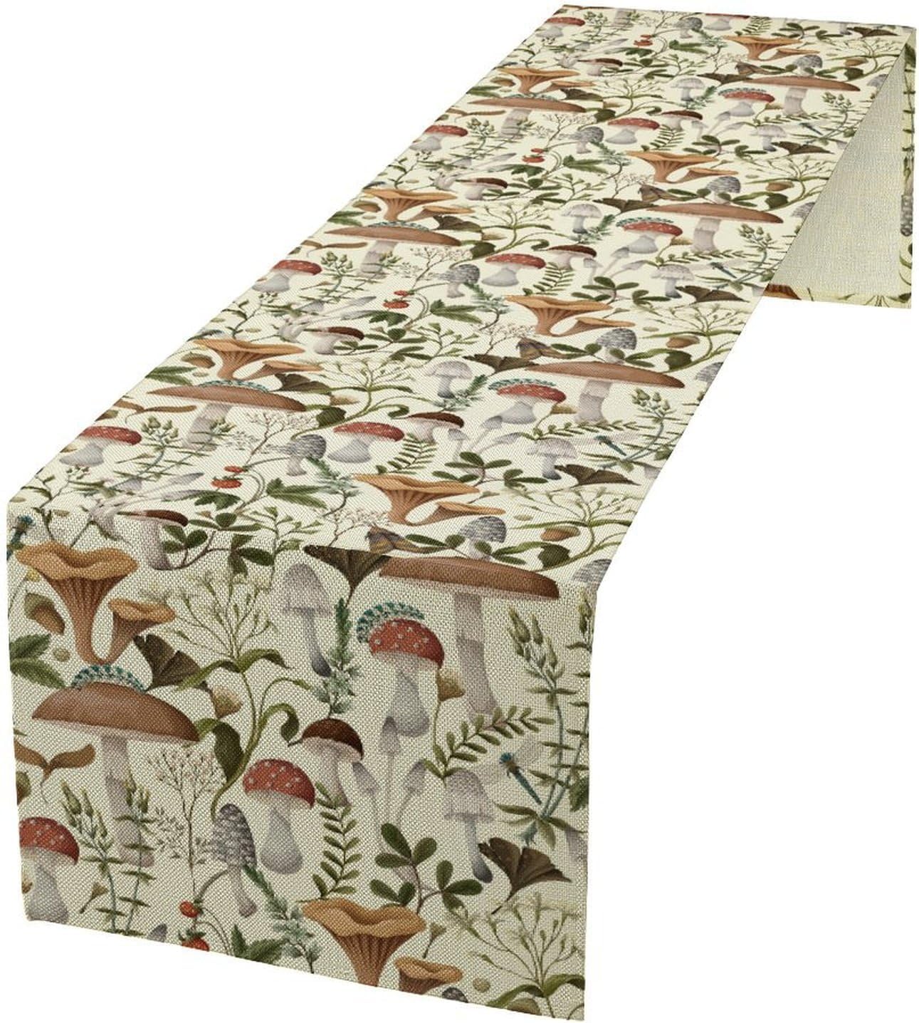 Mushroom Table Runner,Vintage Forest Flower Plant Print Table Runner for Kitchen Dining Table Home Party Decoration 13x36 Inch