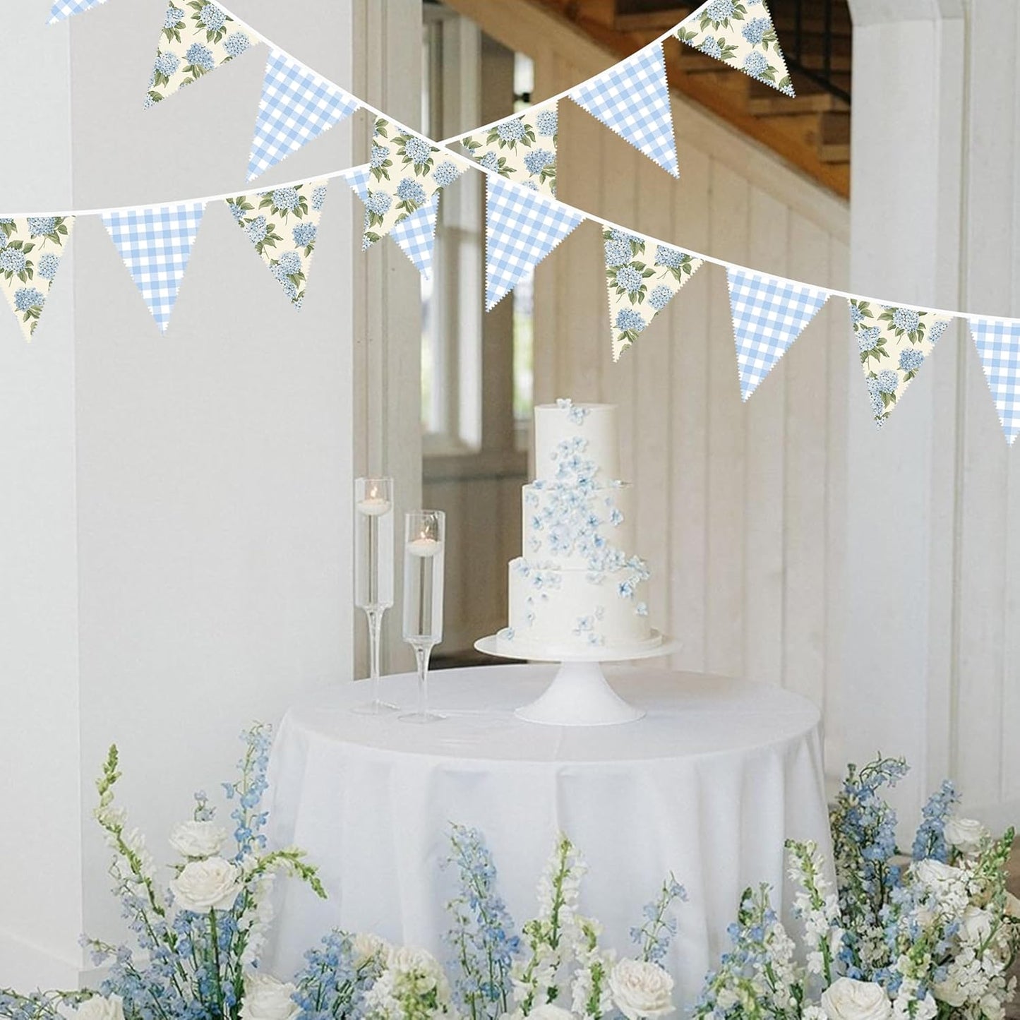 32Ft Blue Flora Party Decorations Blue Gingham HydrangeaTriangle Flag Fabric Banner Pennant Garland Streamer for Flora Birthday Vintage Flower Baby Shower Wedding Tea Party Garden Decor Supplies