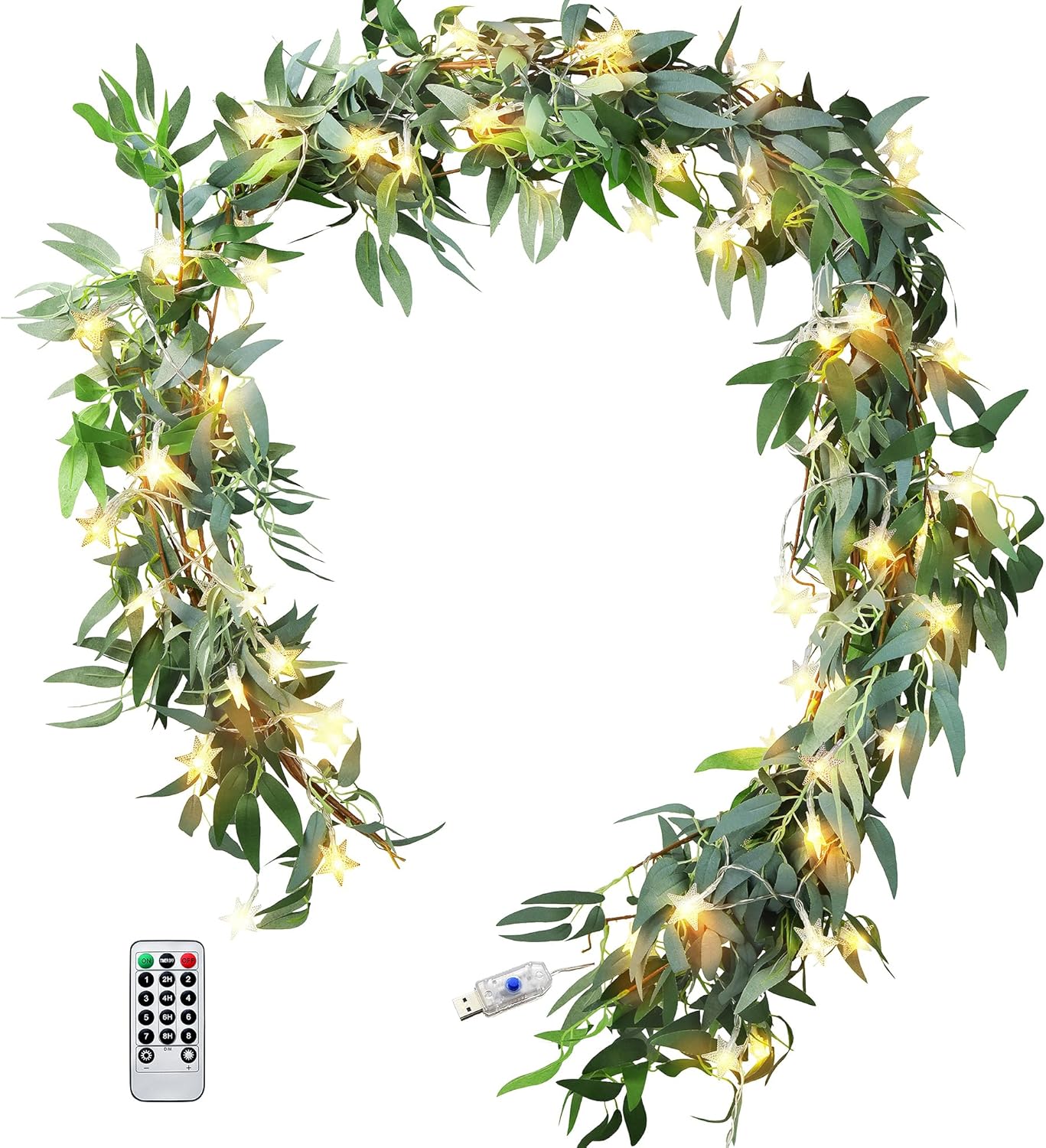 Enchanting Decor: Pair of Flexible Rustic Willow Garlands Adorned with 33 Feet Starry String Lights (USB Operated) by FiveSeasonStuff Floral