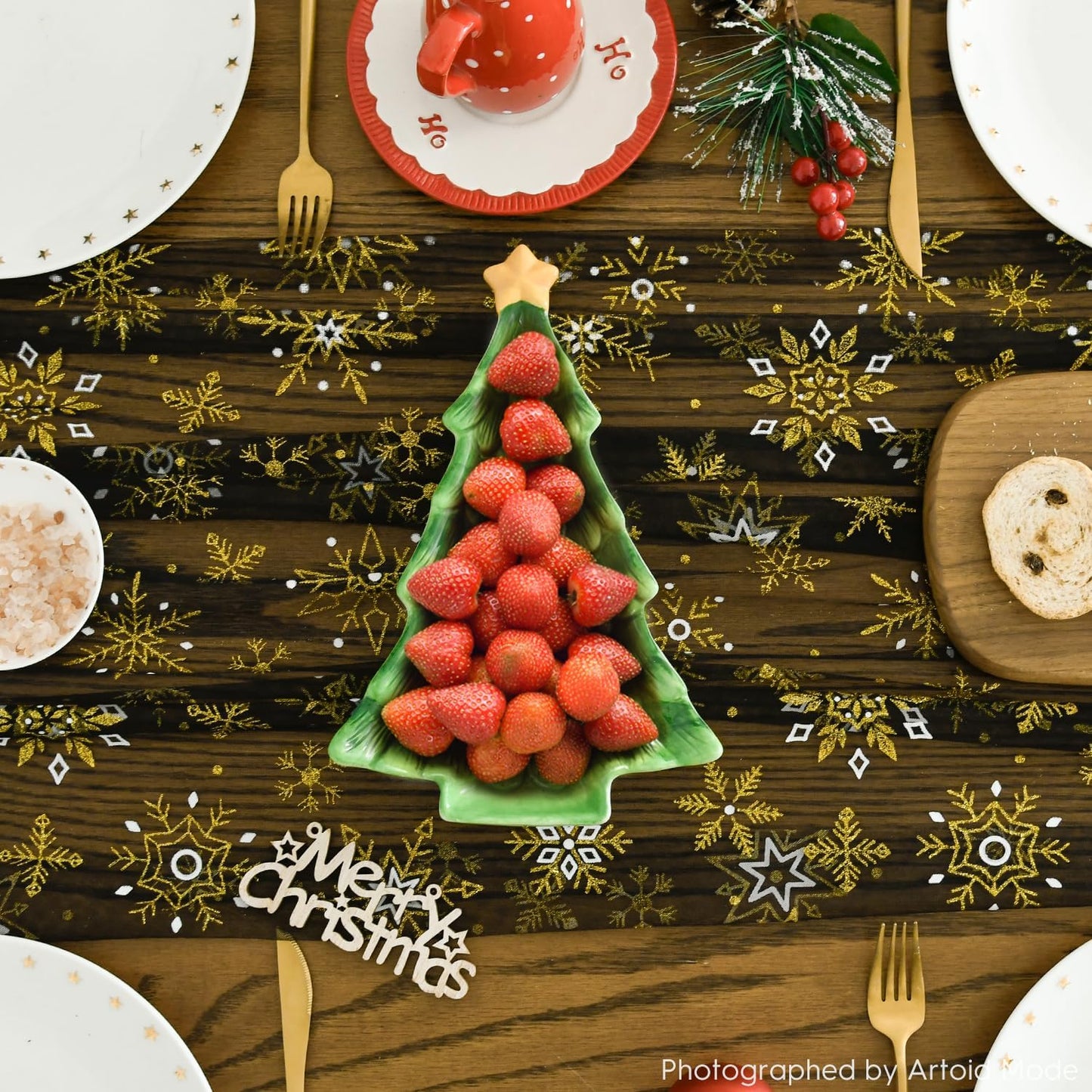 Artoid Mode Black Gold Snowflakes Christmas Gauze Table Runner 120 Inch 10FT, Winter Seasonal Sheer Dining Holiday Wedding Table Decor for Home Party