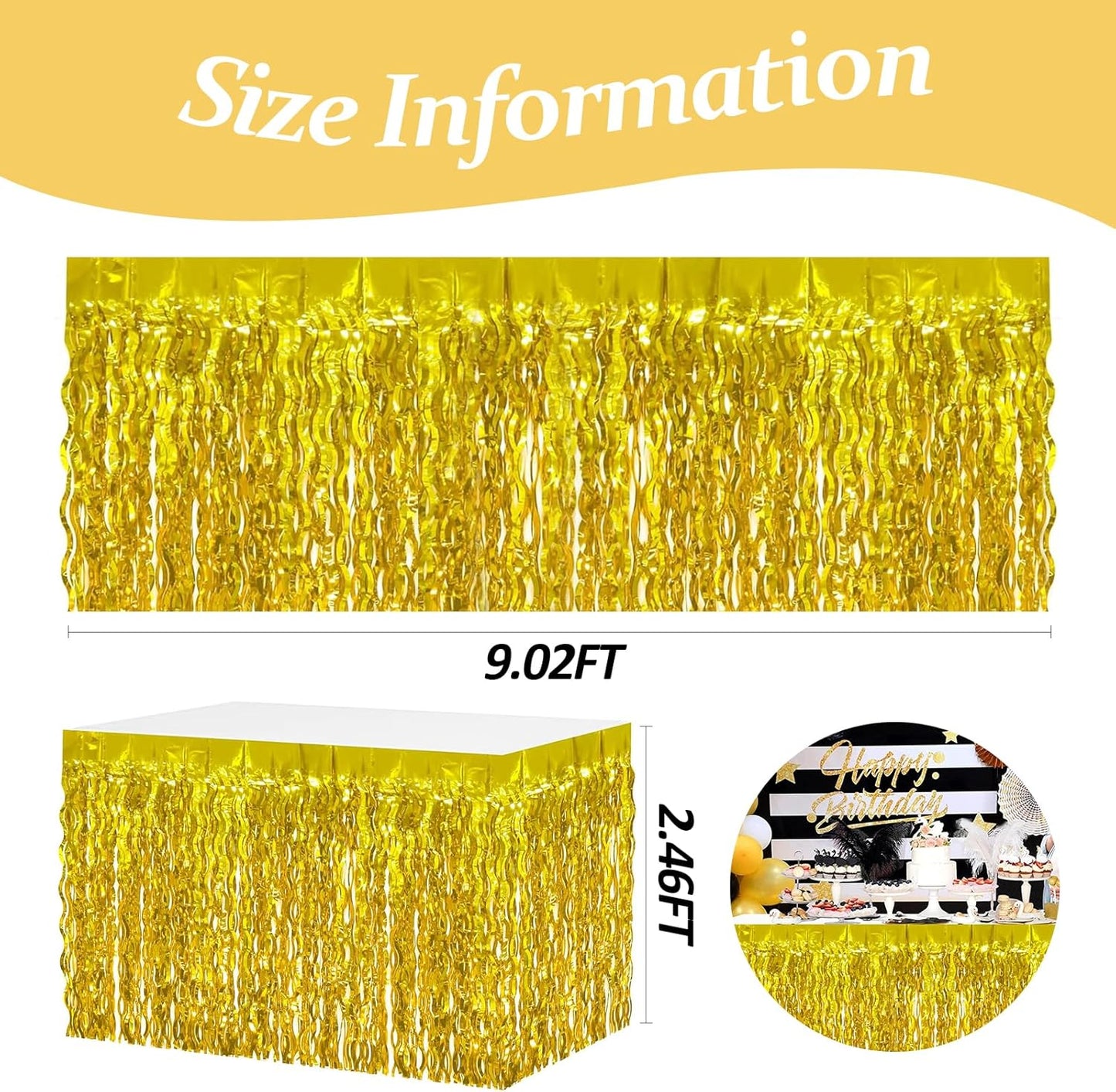 4P Wavy Metallic Tinsel Foil Fringe Table Skirts for Rectangle Tables Backdrop Garland Curtains for Parade Floats Wedding Birthday Parties Decoration Graduation 2025 Christmas (Gold)
