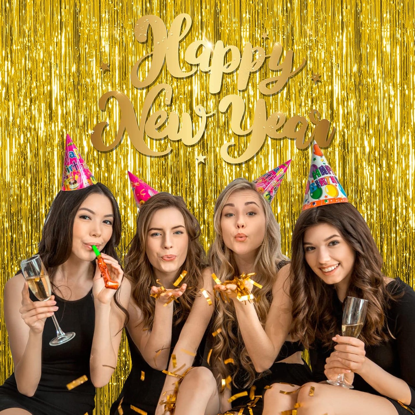 5 Pack Gold Fringe Curtain Backdrop Tinsel Streamers Birthday Party Decorations Christmas Photo Booth Backdrop Halloween New Year Graduation Baby Shower Theme Party Decorations