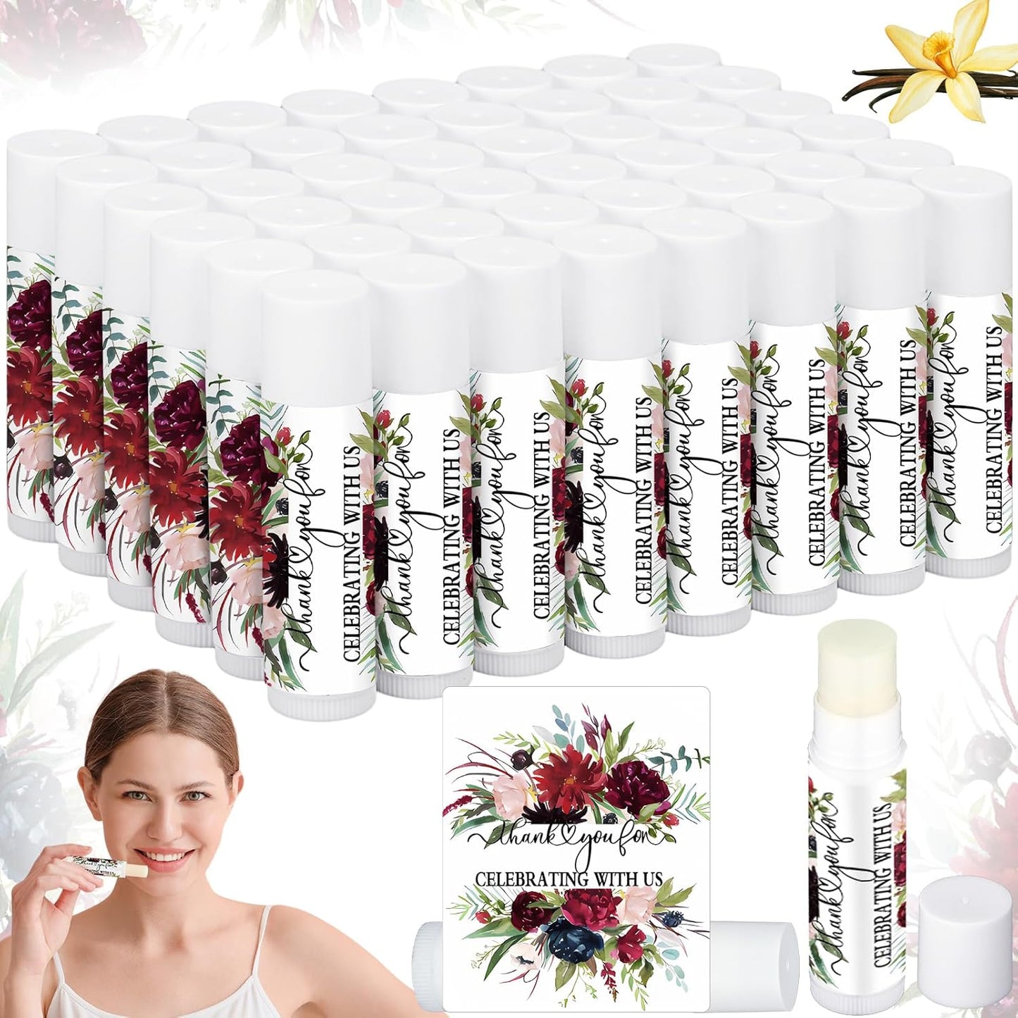50 Pcs Wedding Bridal Shower Gifts Party Favors Bulk Floral Lip Balm Baby Shower Thank You Appreciation Gifts for Women Tea Bachelorette Party(Wedding Flower)