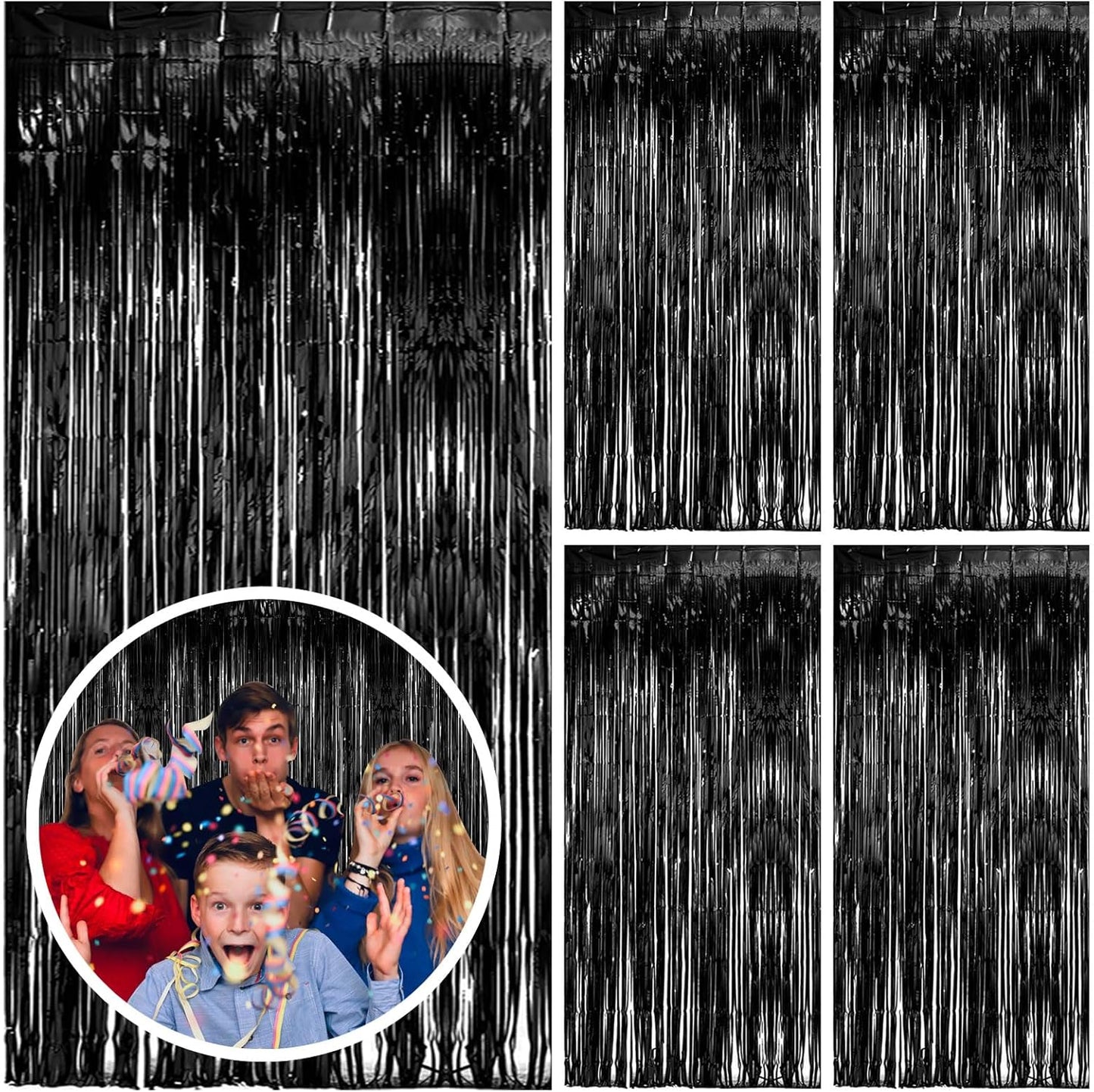 5 Pack Black Party Streamers Backdrop Tinsel Foil Fringe Curtains Halloween & Birthday Party Decorations