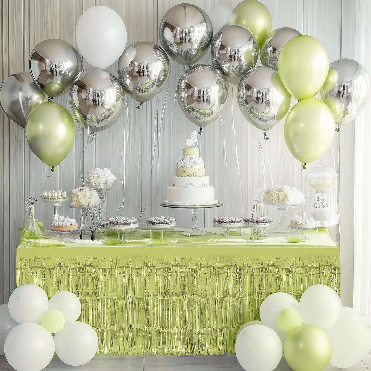 2 Pack Lime Green Table Skirts, 29x108" Metallic Foil Tinsel Fringe Table Skirt for Rectangle Tables Streamer Curtains Backdrop, Party Decorations for Birthdays, Weddings, Holidays