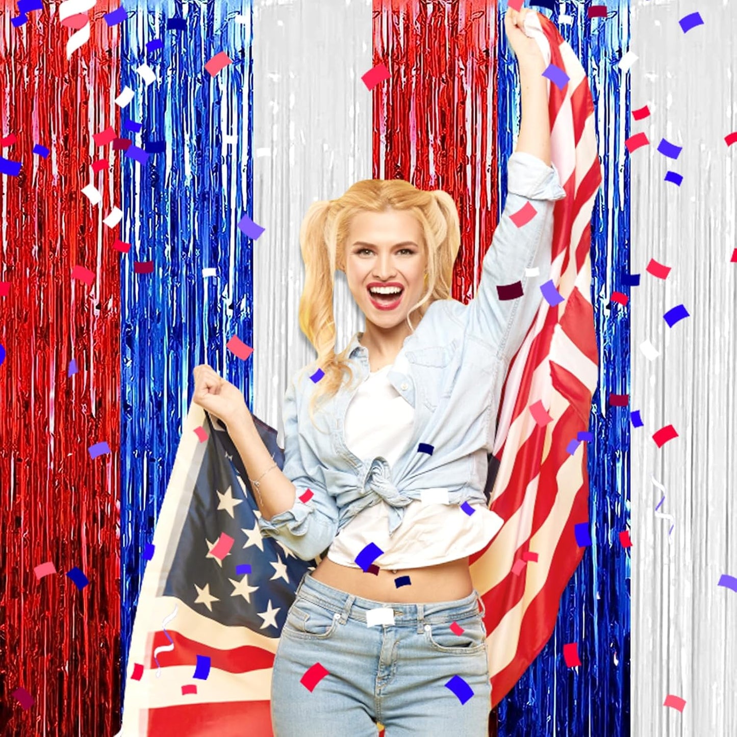 3 Pack White Blue Red Foil Fringe Curtain Backdrop, 3.28Ft x 8.2Ft Metallic Tinsel Foil Fringe Streamer Curtains for Photo Booth, Christmas Day, Thanksgiving, Wedding, New Year Party Decorations