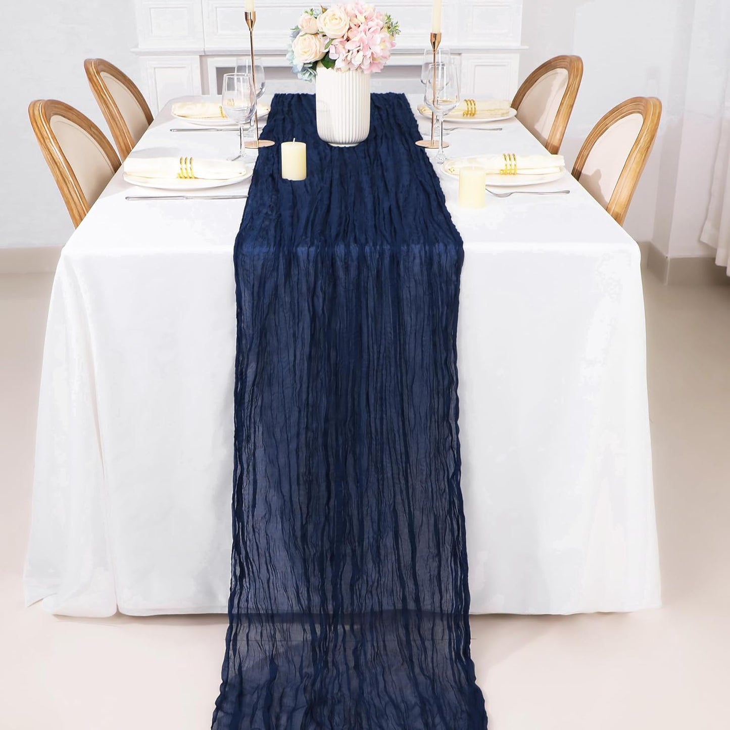 Snowkingdom 13Ft Navy Blue Cheesecloth Table Runner, 160inch Long Cheese Cloth Boho Gauze Runner for Christmas Wedding Bridal Baby Shower Birthday Holiday Party Sheer Table Decorations