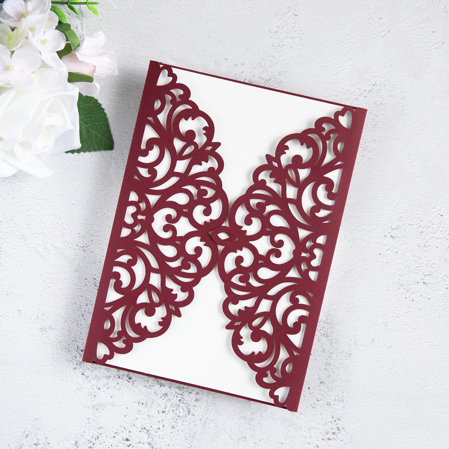 20Pcs Burgundy Laser Cut Invitation Cards With Blank Inner Sheets for Wedding Cards Bridal Shower Engagement Quinceanera Invitation (No Envelopes)