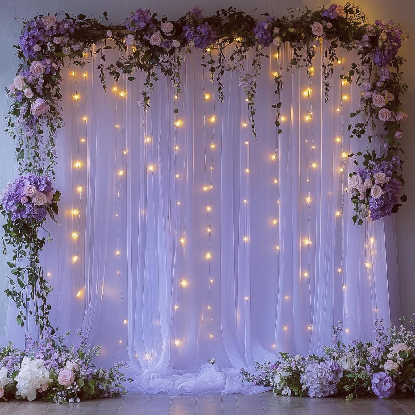 Lavender Tulle Backdrop Curtain with Lights String - 10x8ft Sheer Backdrop with 250 LEDs for Wedding, Baby Shower, Bridal Shower, Birthday Party Photo Shoot Background and Home Decorations