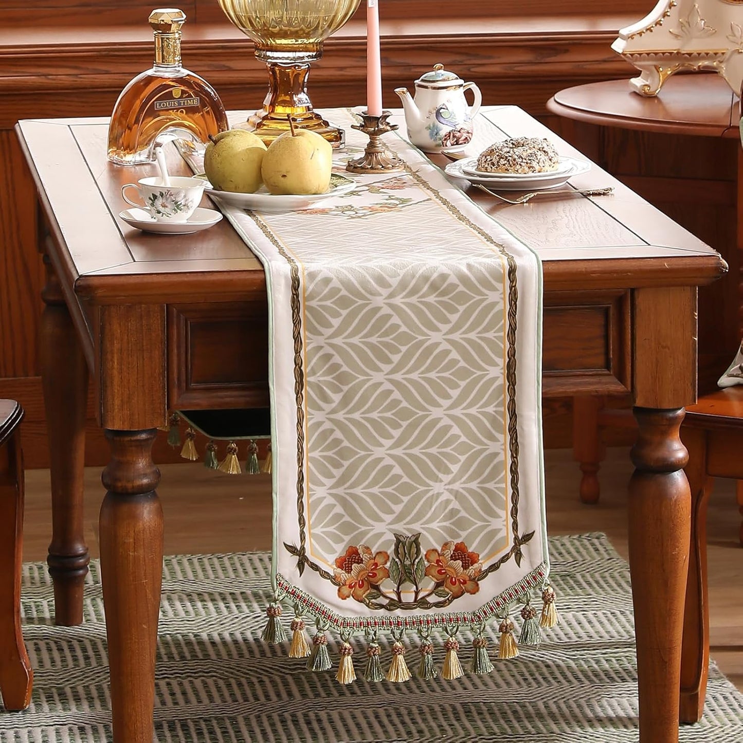 patdrea Designer Elegant French Floral Velvet Table Runner 87 Inch Long, Green with Orange Blossoms Pattern Table Mat, Decor for Kitchen Dining Coffee Table Cabinet Banquet Thanksgiving,12"*87"