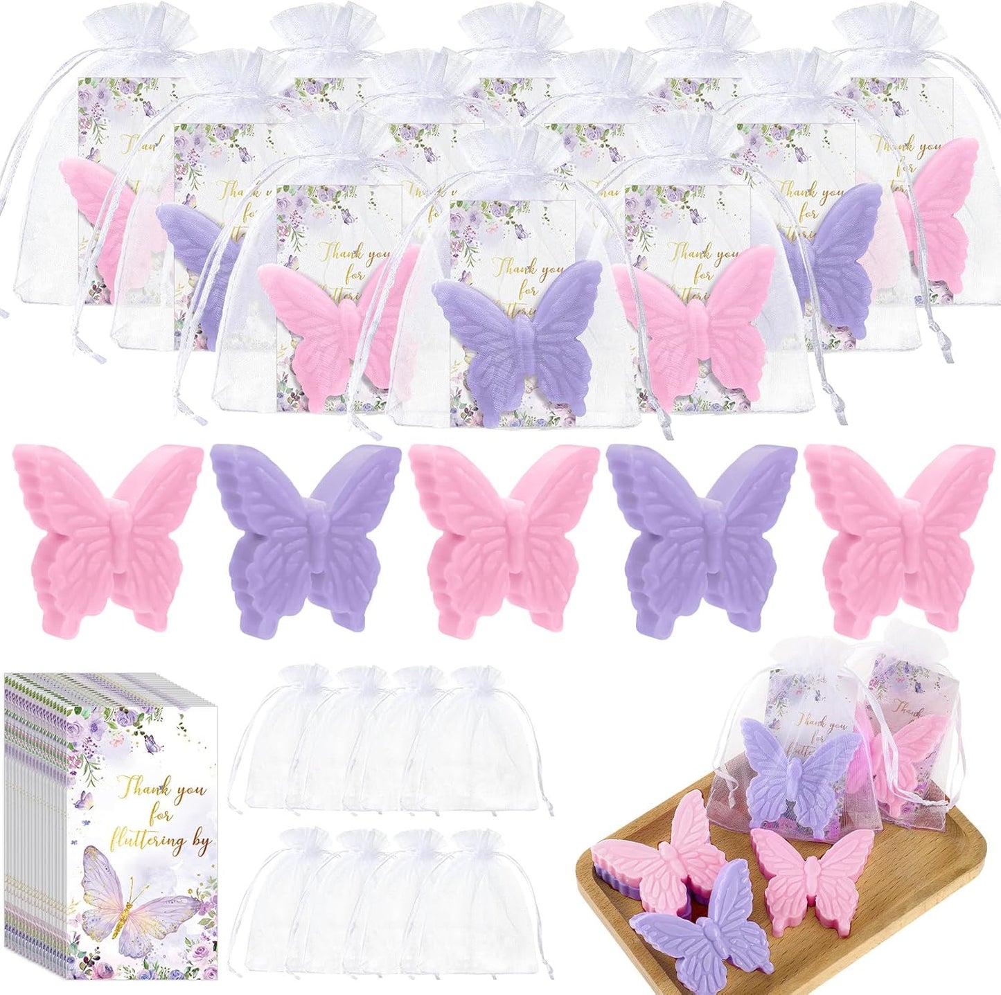 Dunzy 50 Set Butterfly Theme Baby Shower Favors for Guests Butterfly Soap Favors with Thanks You Cards Gift Bags Gender Reveal Baptism Party Decorations Wedding Bridal Souvenirs (Purple,Pink)