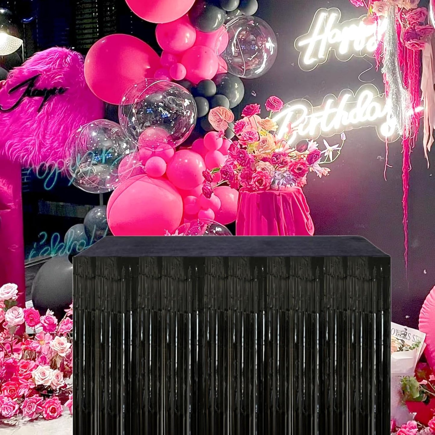 Black Streamers Party Decorations, 2 Packs Black Table Skirts Metallic Foil Fringe Tinsel for Graduation Birthday Wednesday Twilight Wizard Float Parade Halloween Party Supplies - 29x108 Inch