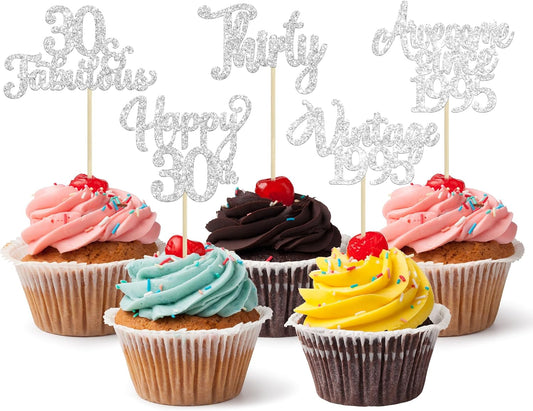 30Pcs Happy 30th Birthday Cupcake Toppers Glitter Thirty Vintage 1995 Cupcake Picks Cheers to 30 Fabulous Cake Decorations for 30th Birthday Wedding Anniversary Party Supplies Silver