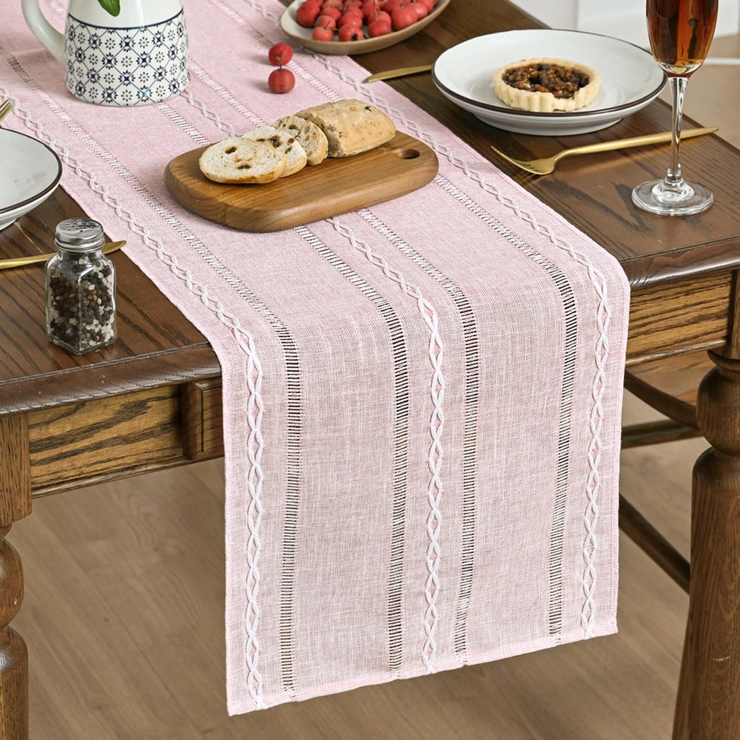 Artoid Mode Pink Rustic Cotton Linen Table Runner, Seasonal Embroidered Hollow Kitchen Dining Table Decoration for Home Party Decor 13x90 Inch