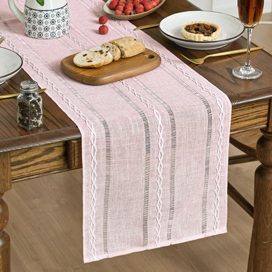 Artoid Mode Pink Rustic Cotton Linen Table Runner, Seasonal Embroidered Hollow Kitchen Dining Table Decoration for Home Party Decor 13x36 Inch