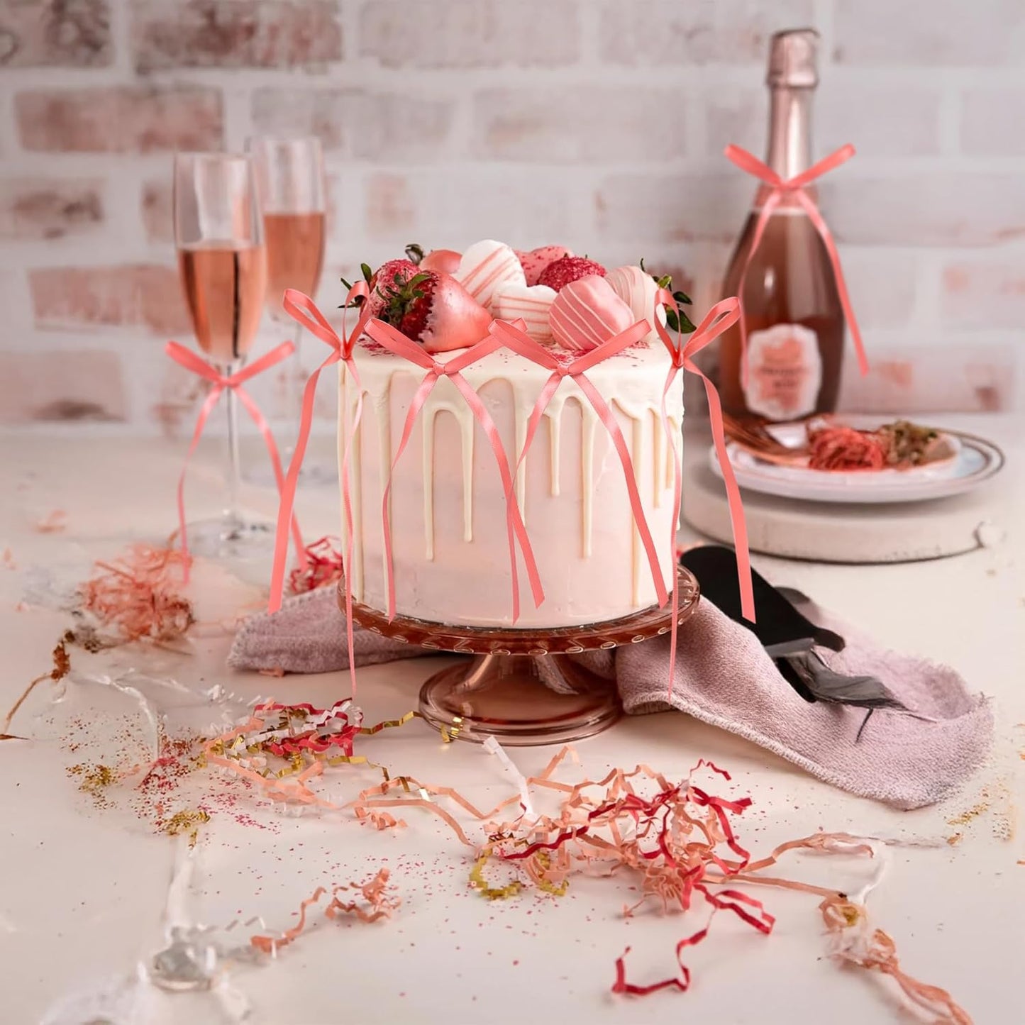 Ephlyn 30Pcs Bow Cupcake Toppers Valentine's Bowknot Ribbons Coquette Bow High Footed Cup Balloon Wall Party Decorations Cake Dessert Picks Baby Girl Birthday Wedding Party Supplies Peach Pink