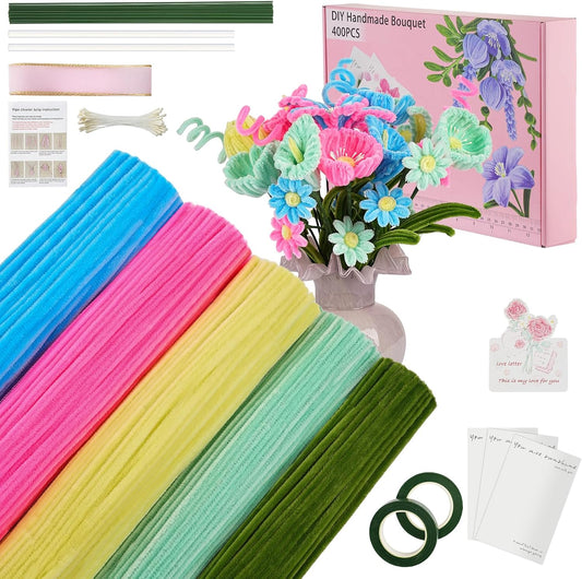 5 Mixed Macaron Colors Chenille Stems Bulk,400 Pcs Pipe Cleaners Craft with Floral Wires, Gardening Tape,Greeting Card,Bouquet Paper,Hot Glue Stick,Stamen & Ribbon,Ideals for DIY School Projects
