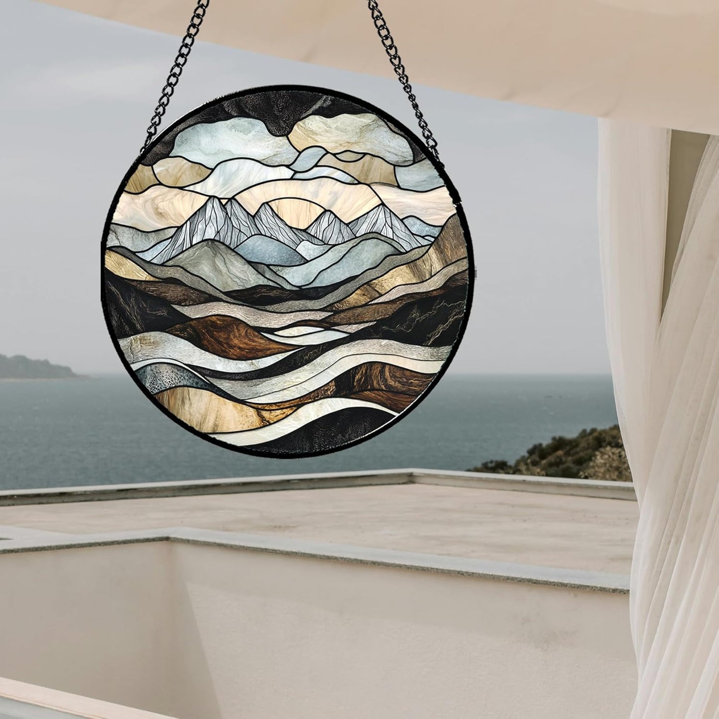 Stained Glass Window Hanging - Grey Mountains Landscape Suncatcher for Doors Garden Patio Retro Sun Catchers Decor Christmas Mother's Day Birthday Gifts for Women Men Mom Nana Friend 15 in