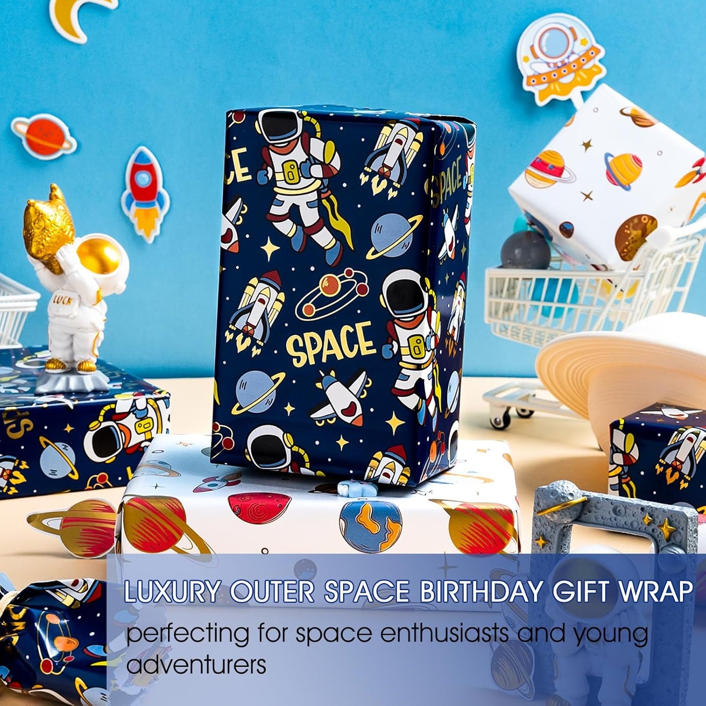 Yarcony Space Wrapping Paper Roll, Birthday Wrapping Paper for Boys, Navy Blue Astronaut Gift Wrap for Kids Birthday Outer Space Party Decor RocketShip Wrap Galaxy Planets Stars (17 Inch X 33 Feet)