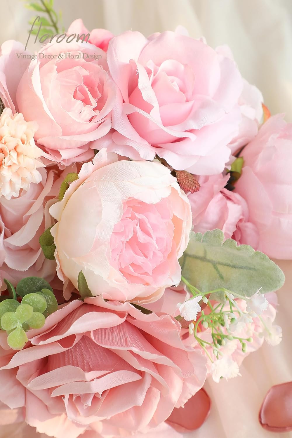 Floroom Blush Artificial Flowers Fake Roses Peonies Dahlia and Greenery Combo Box Set for DIY Pink Wedding Bouquets Bridal Shower Centerpieces Floral Arrangements Party Tables Home Decorations