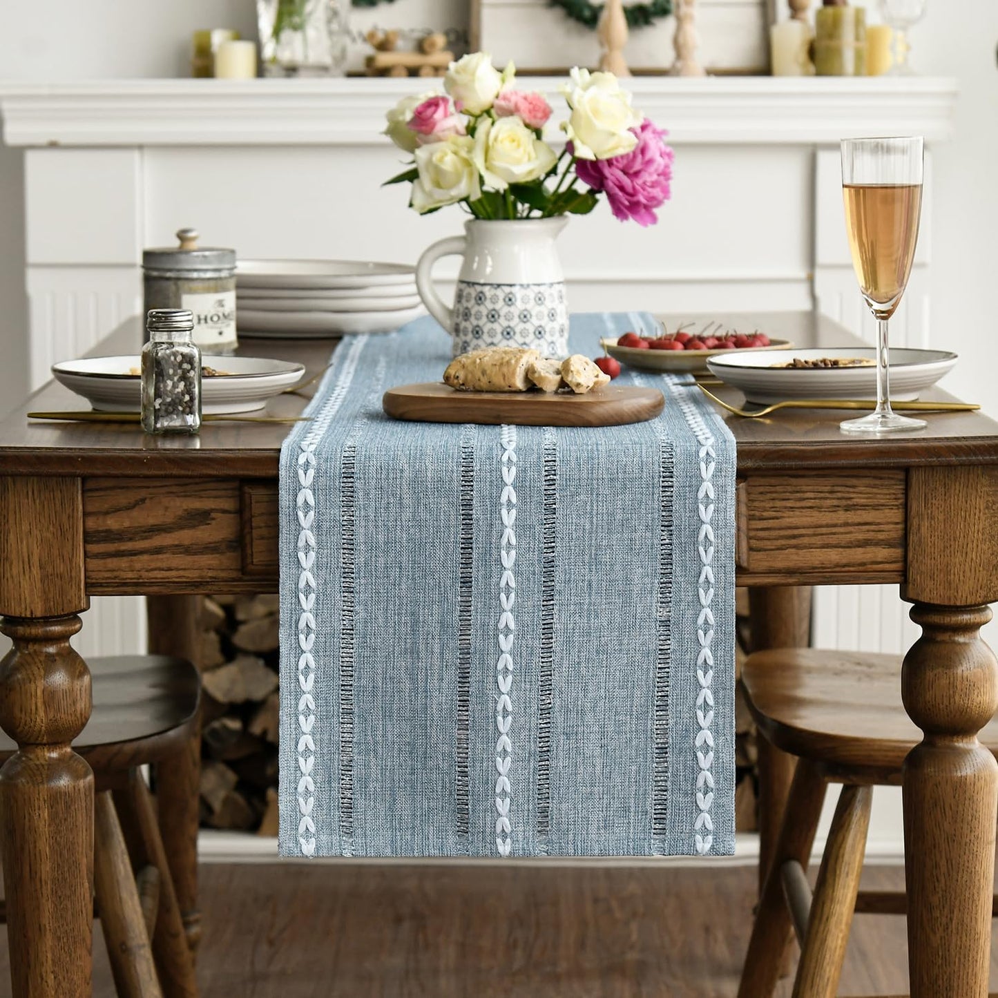 Artoid Mode Dusty Blue Cotton Linen Table Runner, Seasonal Rustic Embroidered Hollow Kitchen Dining Table Decoration for Home Party Decor 13x108 Inch
