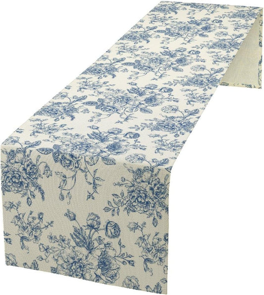 Floral Table Runner, Retro Blue Flower Chinoiserie Sketch Pattern Print Table Runner for Kitchen Dinning Table Runner Decor Home Wedding Party Holiday, 13x60 Inch