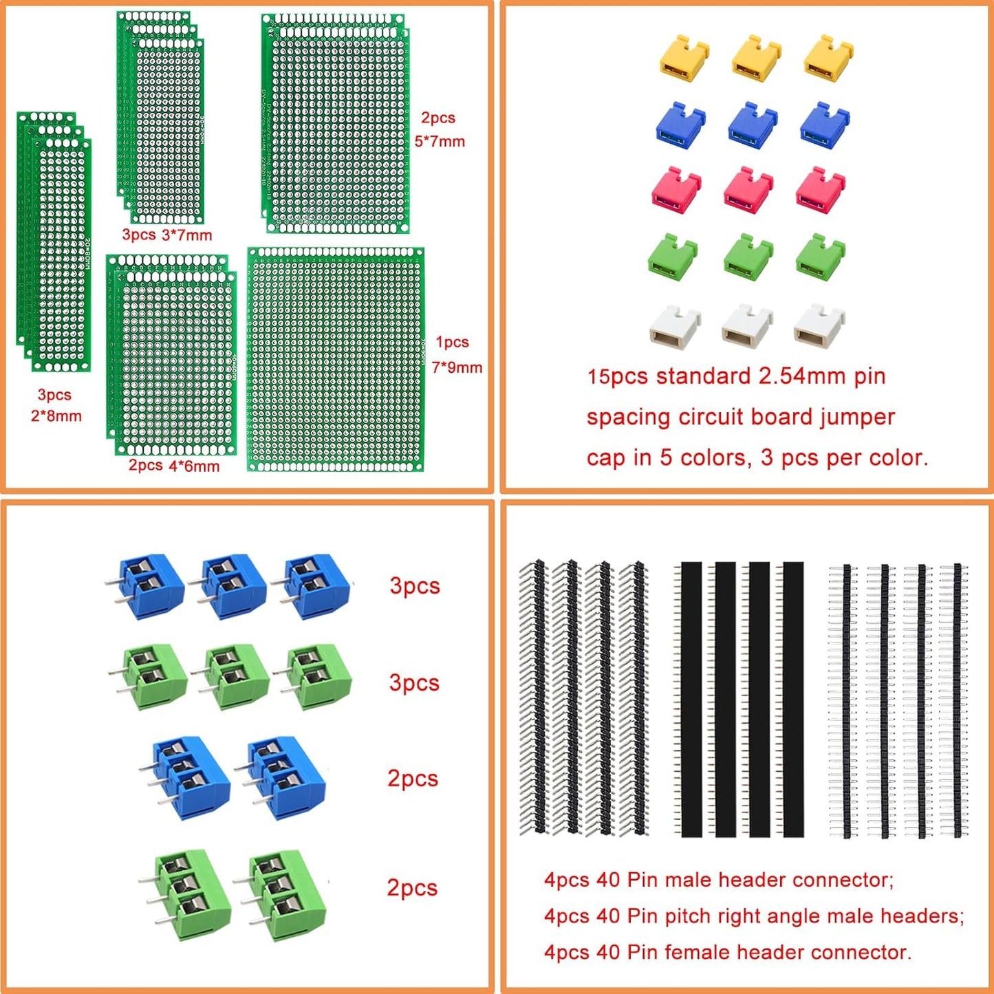 48PCS Double Sided PCB Board Kit for DIY Soldering and Electronic Project Circuit Boards Prototype Boards Compatible with Arduino Kits, 2.54mm Male and Female Header Connector