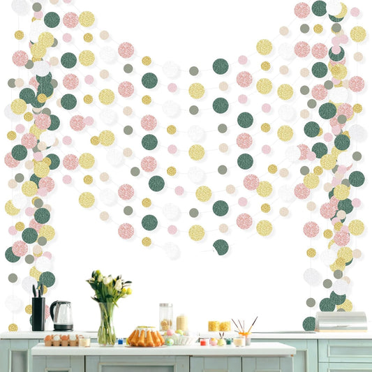 Outus 10 Pieces Colorful Dots Paper Garland Round Glitter Garland Hanging Confetti Streamers Backdrop for Candy Birthday Classroom Halloween Trunk or Treat Car Decoration (Sage Green,Pink,Gold)