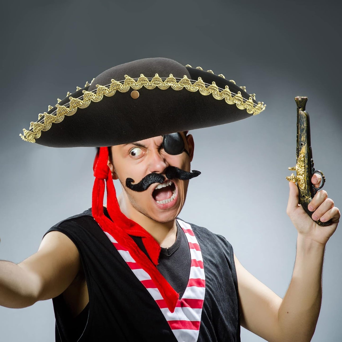 6 Pack Pirate Tricorn Hats Black Buccaneer Hat with Gold Trimming Pirate Captain Hat for Halloween Dress-up Party Supplies