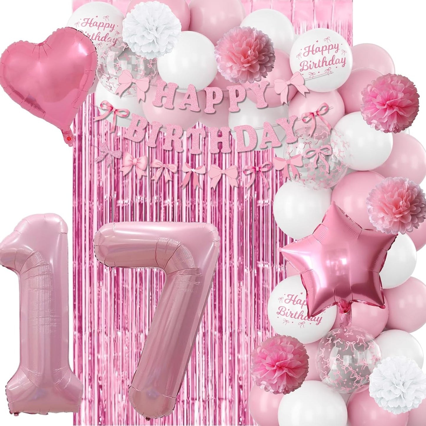 17th Birthday Decorations for Girls Pink Number 17 Balloon Bow Coquette Happy Birthday Banner Fringe Curtain Paper Pom Poms Star Heart Foil Pink White Balloons 17 Year Old Party Decor for Her