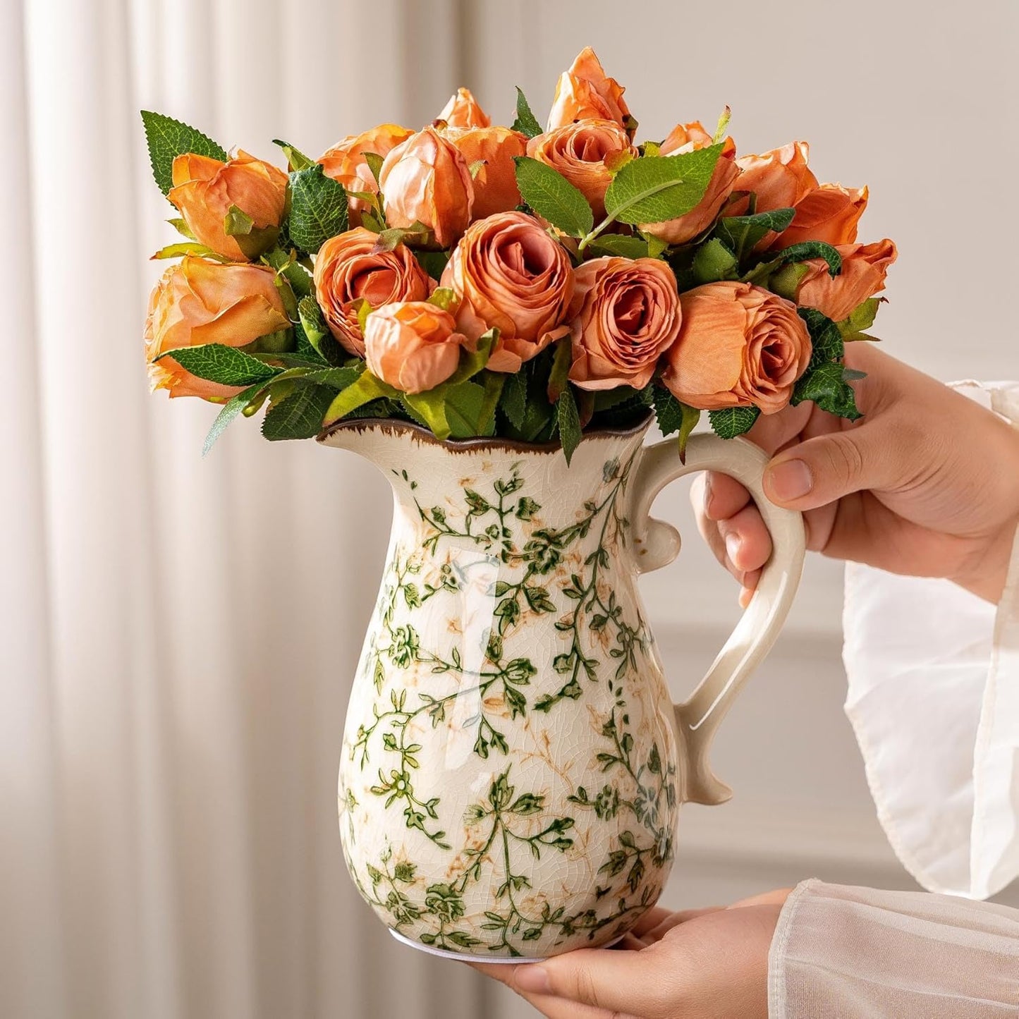 Ceramic Vases Set of 3, Green & Beige Chinoiserie Flower Pitcher Vase, Farmhouse Vintage Floral Vase Home Decor for Mantle, Fireplace, Kitchen Counter, Living Room Bookshelf Rustic Table Centerpiece