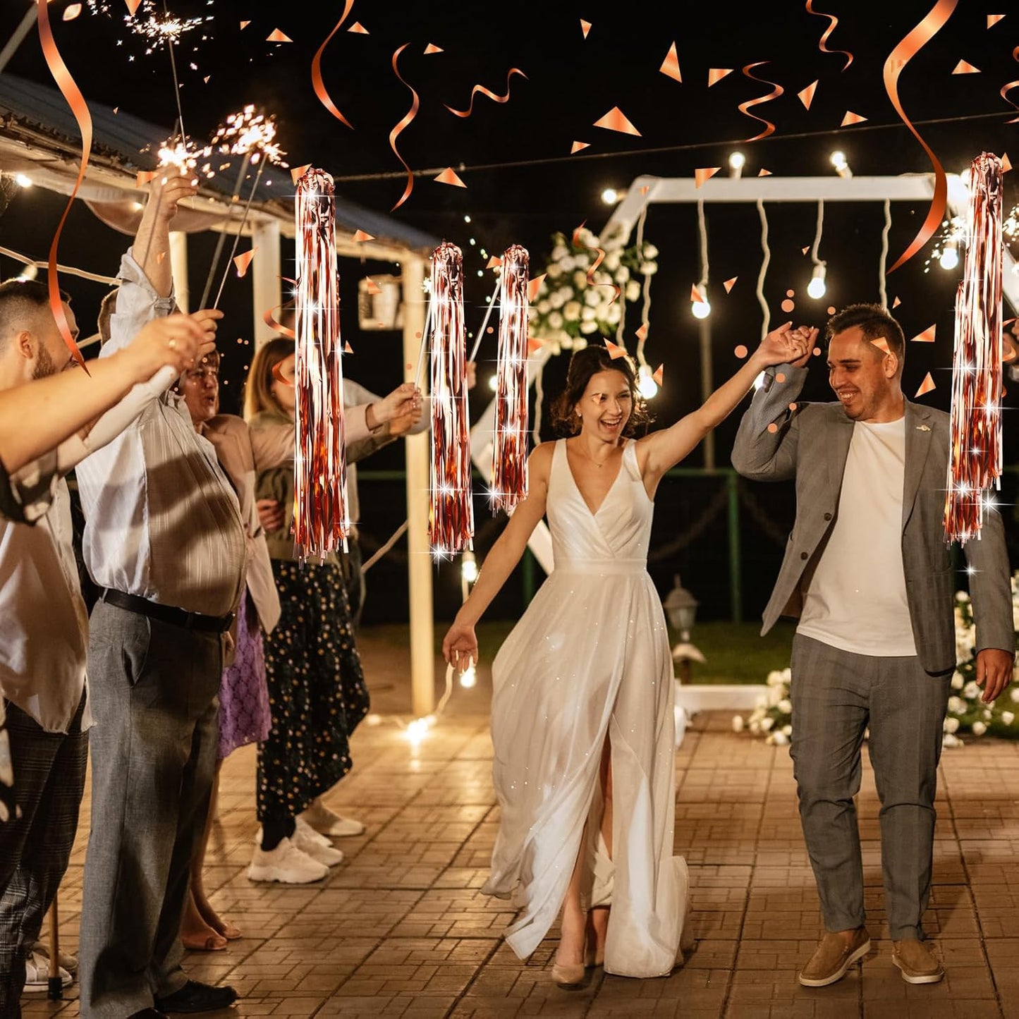 50 Pcs Wedding Fairy Wands with Bells Foil Tinsel Ribbon Stick Wands Tinsel Party Streamers with Bell Glittery Bridal Wedding Send Off Ideas Holiday Celebration (Rose Gold)