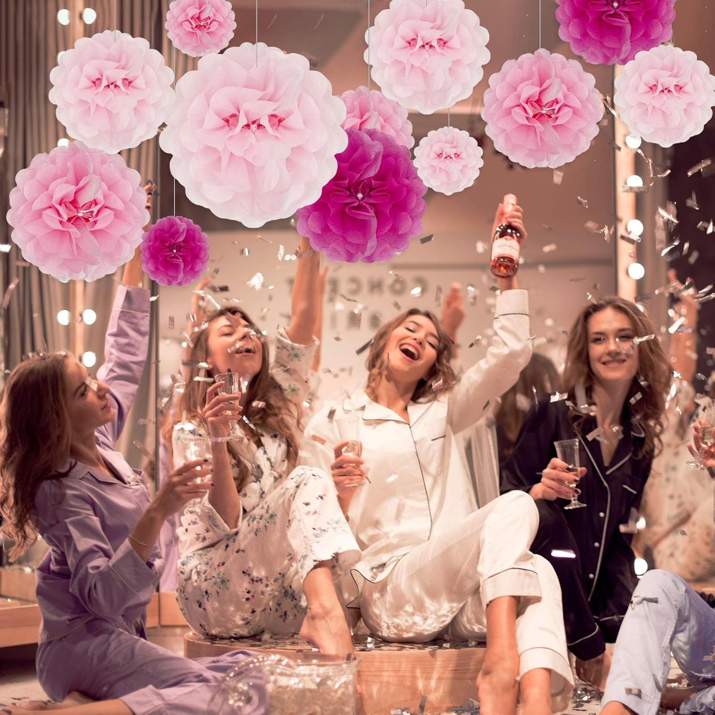 Tissue Paper Pom Poms, Pink Tissue Paper Flowers, Hanging Flower Balls for Weddings Fiesta Parties Birthday Baby Showers Classroom Bridal Shower Decoration (18Piece Set-6/10/12/14Inch)