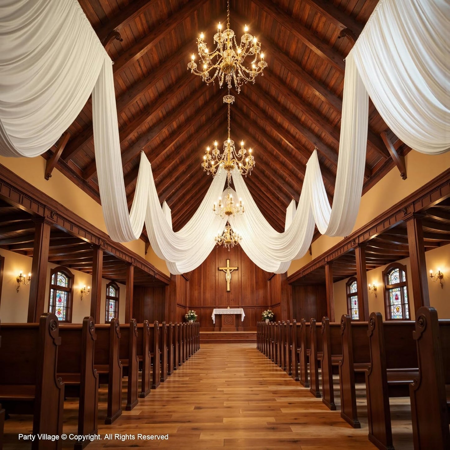 PartyVillage 10ftx40ft White Ceiling Curtain for Wedding Parties – 2 Panels Wrinkle-Free 40 FT Long Tent Draping Curtains for Wedding, Birthday & Theme Parties, 40ft Height with Rod Pocket