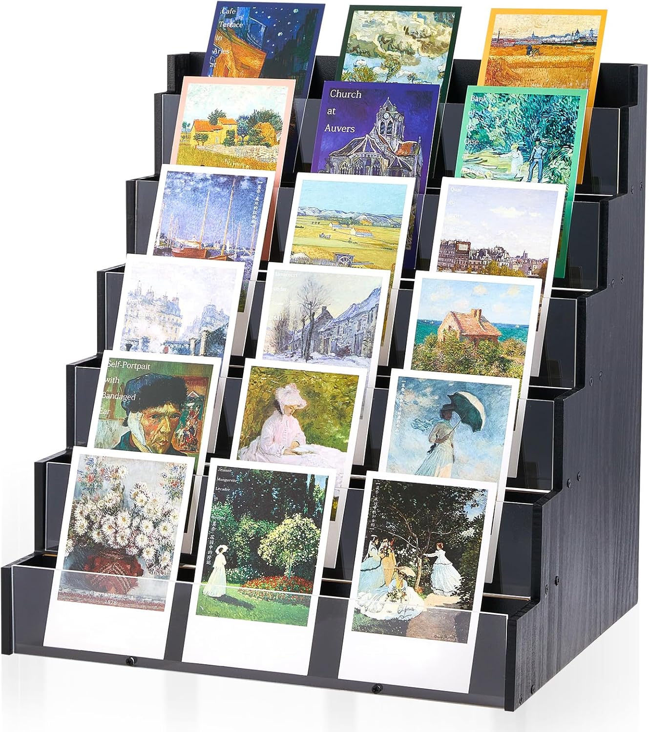 6 Tier Greeting Card Display Stand Black Bamboo and Acrylic Sticker Display Stand Trading Card Holder Retail Photos Shelf for Vendors Craft Collection & Show