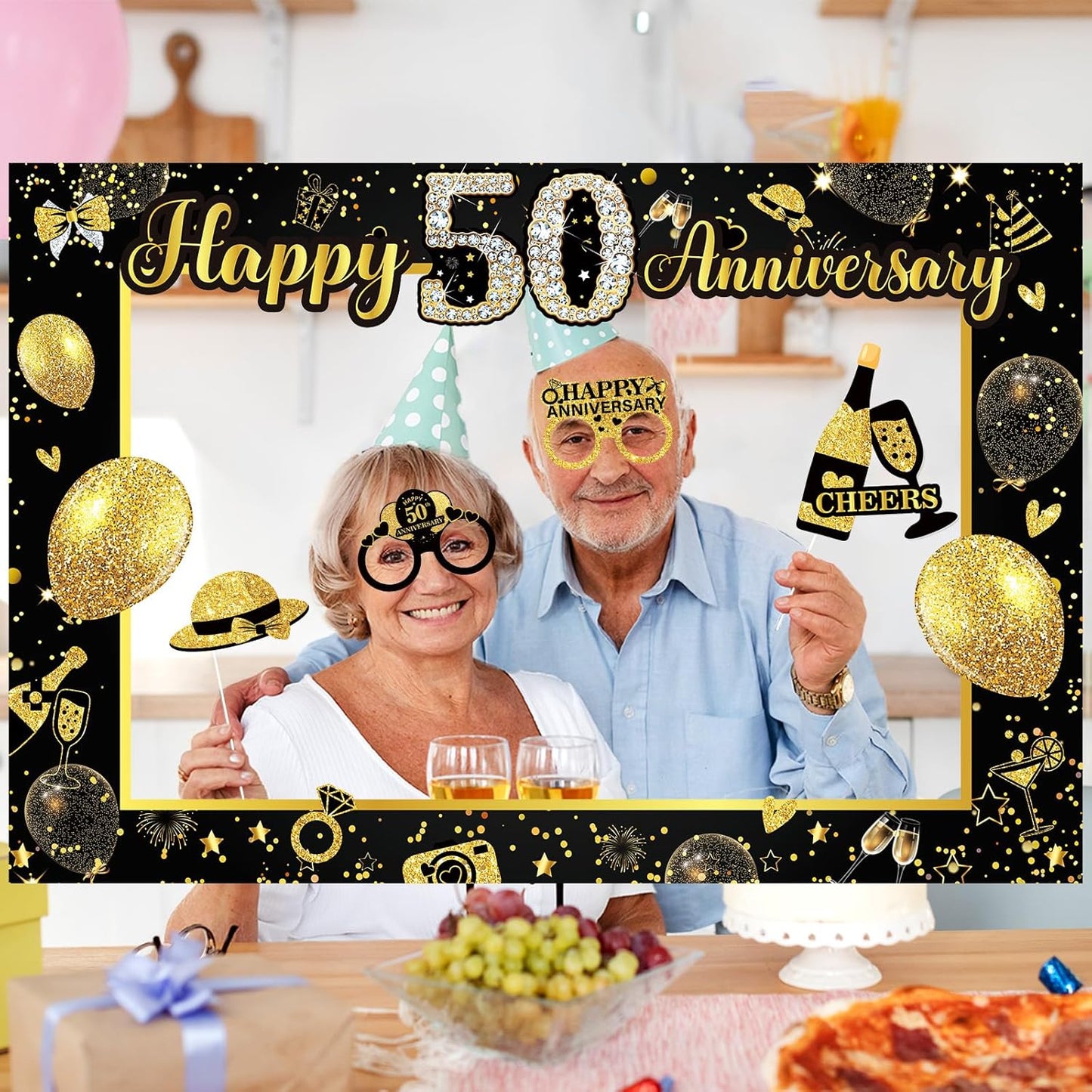 50th Wedding Anniversary Decorations Black Gold 50th Wedding Anniversary Party Photo Booth Props and Selfie Frame Silver Happy 50 Years Anniversaries Party Supplies for Women Men Cheers to 50 Years