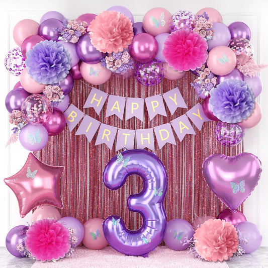 Pink Purple 3rd Birthday Party Decorations for Girls Number 3 Balloon Happy Birthday Banner Butterfly Stickers Fringe Curtain Paper Pom Poms Metallic Hot Pink Star Foil Balloons 3 Year Old Princess