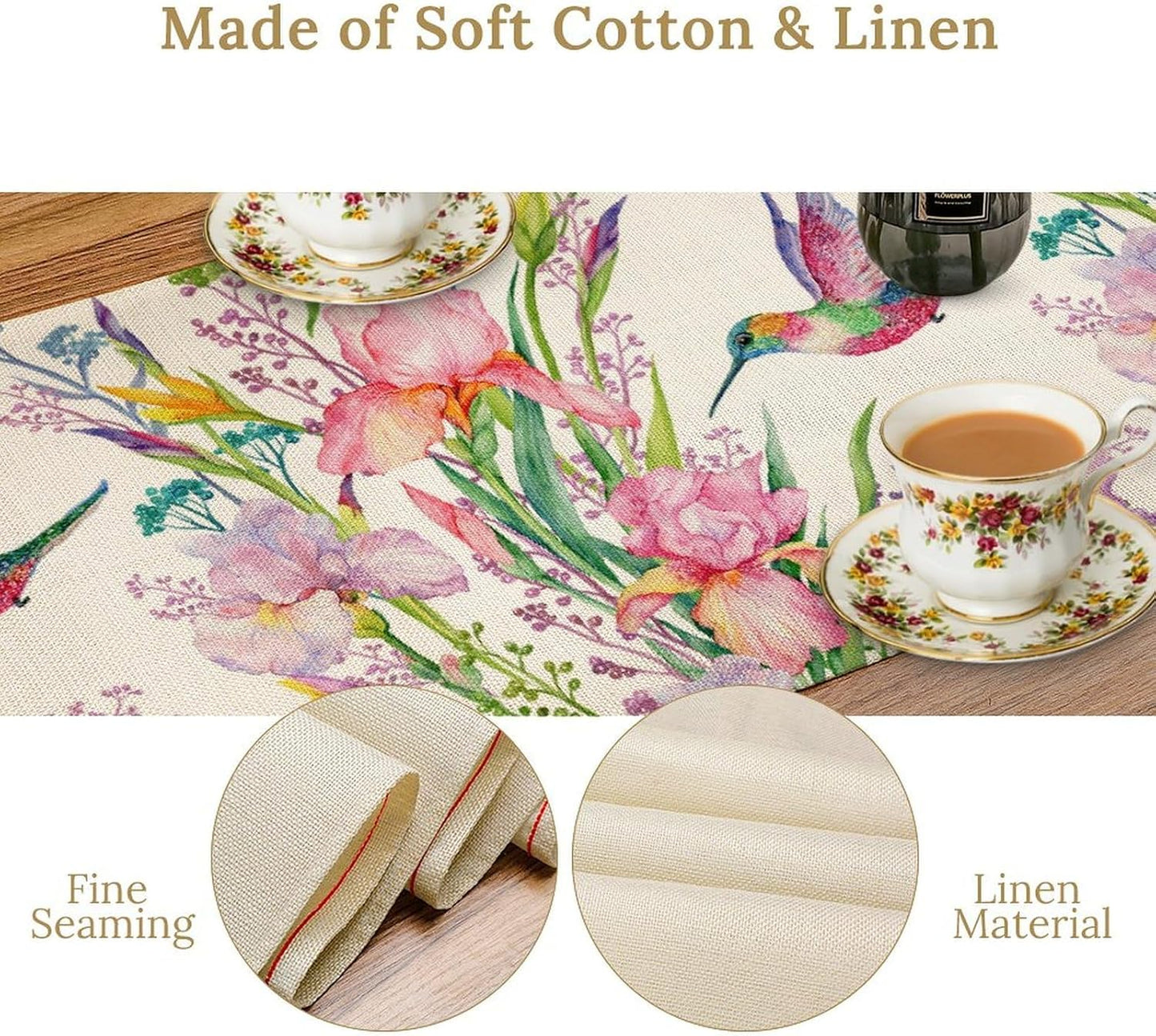 Hummingbird Table Runner,Pink Floral Country Style Table Runner for Kitchen Dining Table Home Party Decoration 13x72 Inch