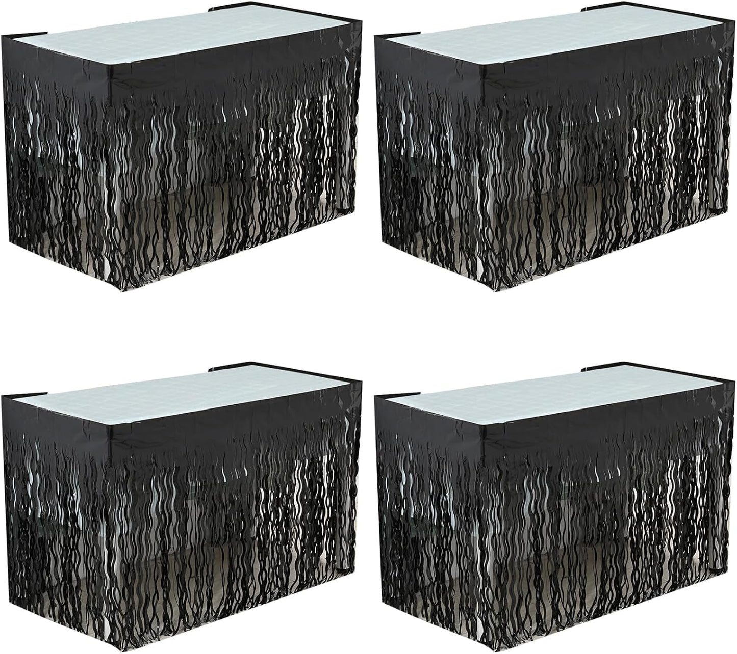 4P Wavy Metallic Tinsel Foil Fringe Table Skirts for Rectangle Tables Backdrop Garland Curtains for Parade Floats Wedding Birthday Parties Decoration Graduation 2025 Christmas (Black)