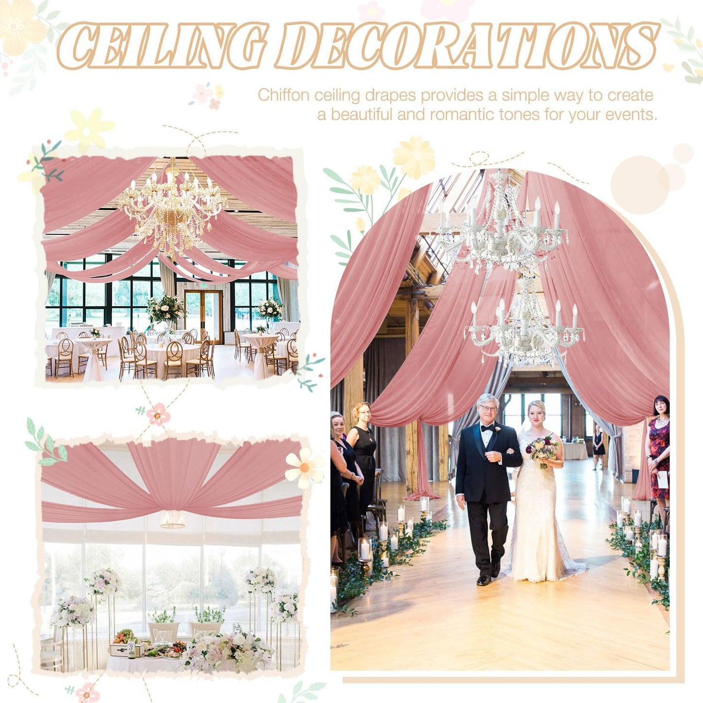 FUHSY 4 Panels Dusty Rose Ceiling Drapes for Wedding Ceiling Drapes 5x20 FT Sheer Ceiling Curtains Arch Draping Fabric Chiffon Drapery Fabric Rose Wedding Ceremony Decorations