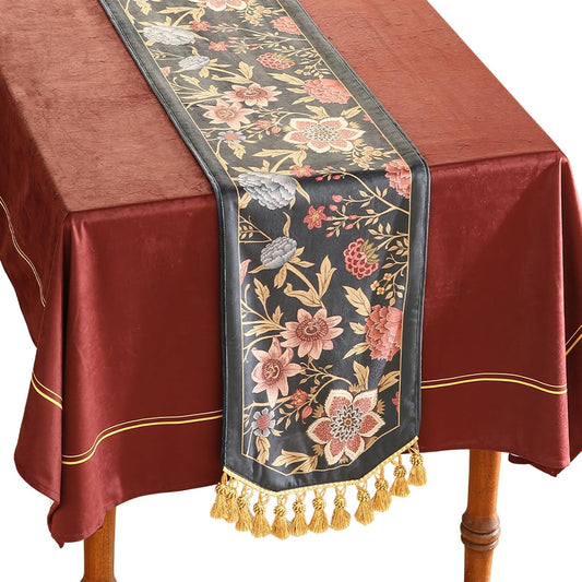 patdrea Designer Vintage Black Floral Velvet Table Runner 87 Inch Long, Pink Khaki Bouquets Pattern Table Mat, Decoration for Kitchen Dining Coffee Table Cabinet Banquet Thanksgiving,12"*87"