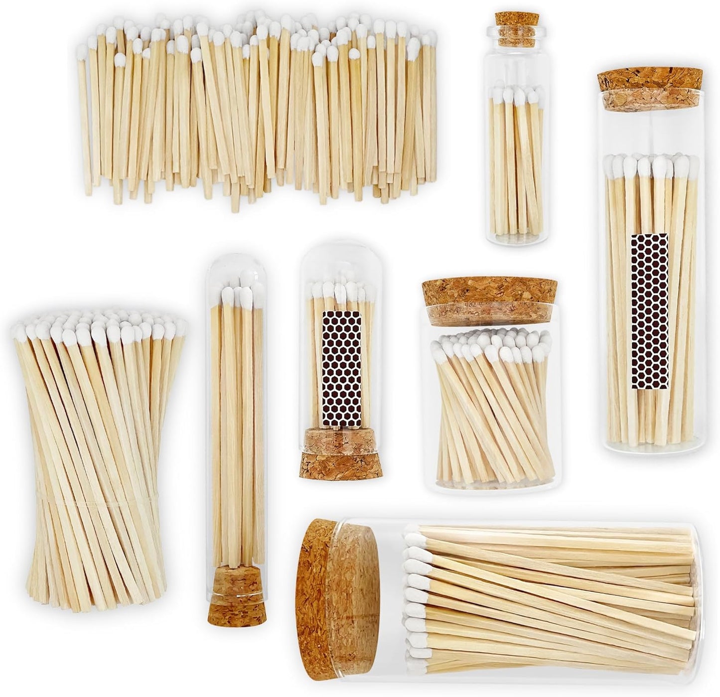 2" Classic White Tip Safety Matches | 3 Glass Bottles Each with Cork Top, Striker & 20 Matchsticks by Thankful Greetings (60+ Total) | Decorative & Unique for Home Decor, Event Giveaways