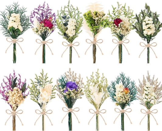 12/24 PCS Charming Dried Flowers Bouquet for Vase Various Dried Wildflowers with Stems Mini Handmade Wildflowers Natural Real Flowers Bulk Flowers Craft (White Series, 12 PCS)