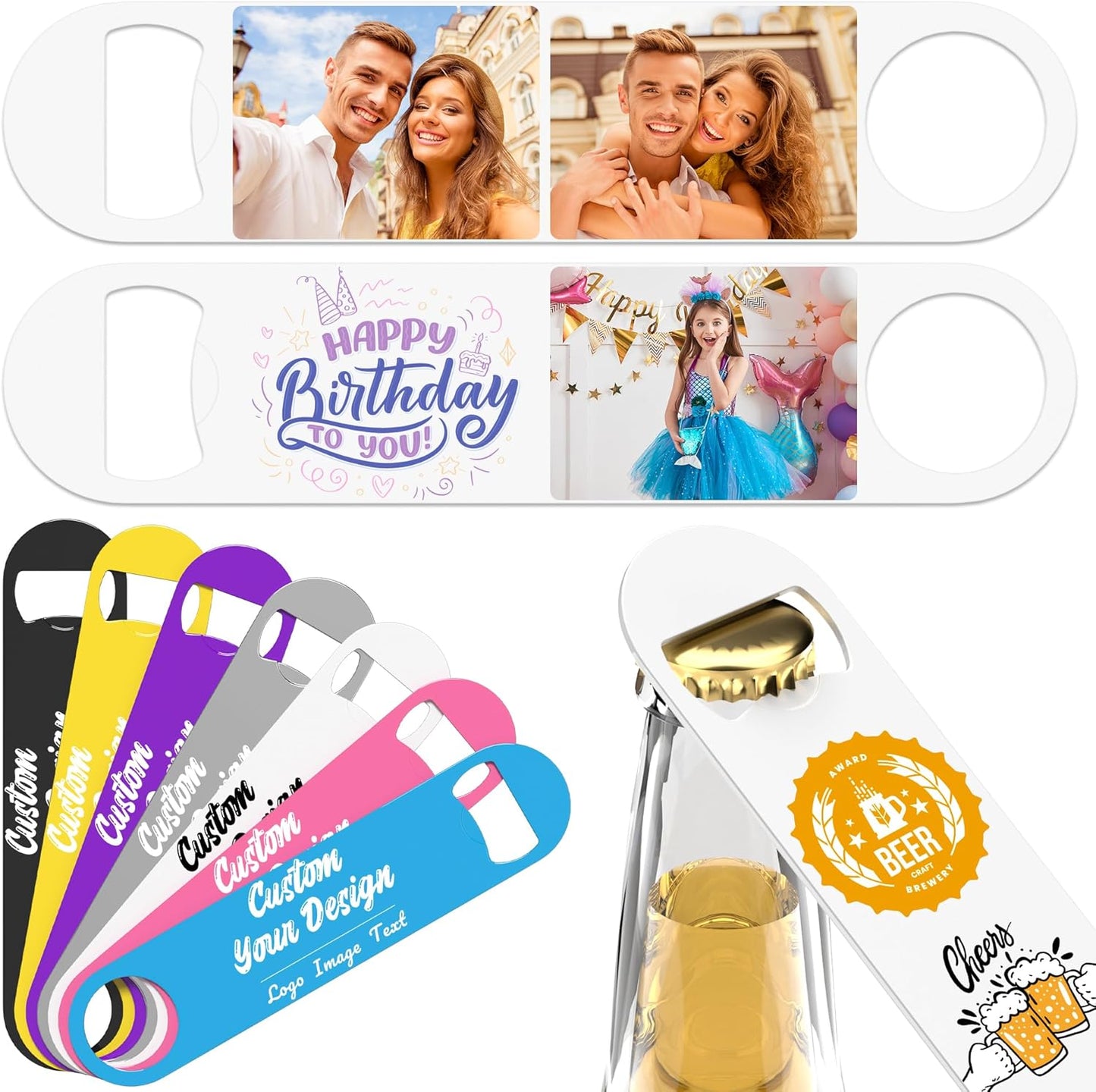 5-100 Custom Bottle Opener, Personalized Bottle Opener Stainless Steel with Customized Photo/Text in Full Color Printing, Colorful Beer Opener for Bar, Restaurant, Party, Wedding Favors (TWO PHOTO)