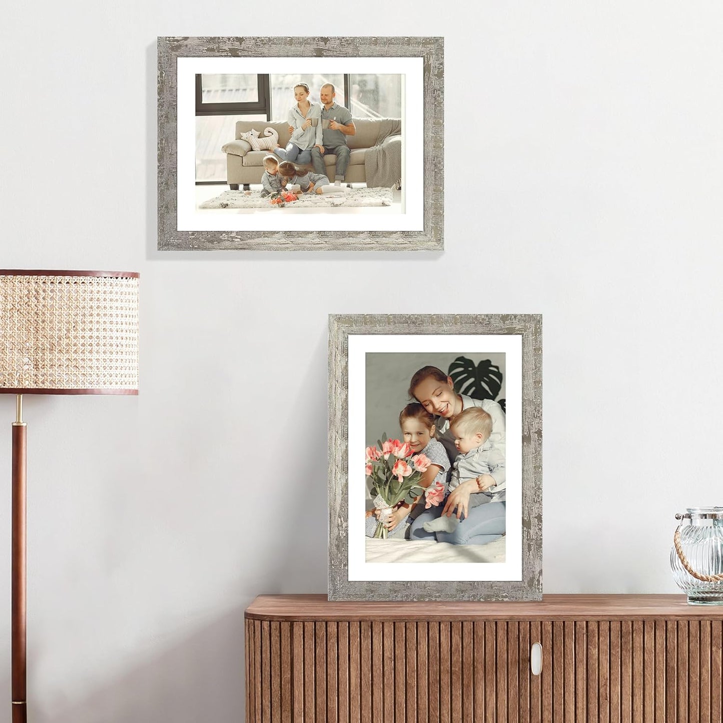 10x14 Picture Frame Set of 4 with Tempered Glass, Distressed Moss Green Frames Display 8x12 Picture with Mat or 10 x 14 Without Mat, Rustic Wood Photo Frames for Wall Mounting